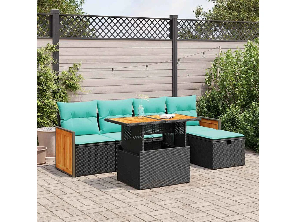 Set sofás jardín y cojines 6 piezas ratán sintético acacia negro