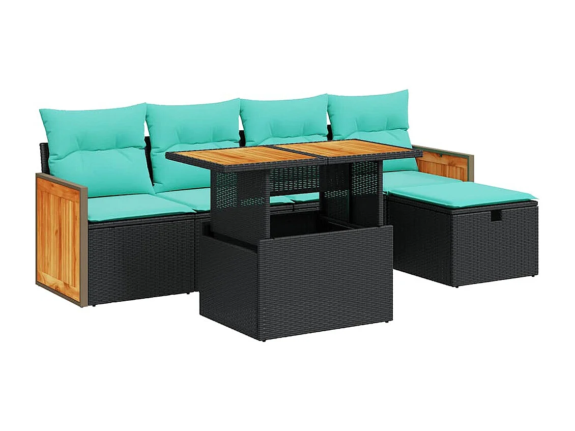 Set sofás jardín y cojines 6 piezas ratán sintético acacia negro