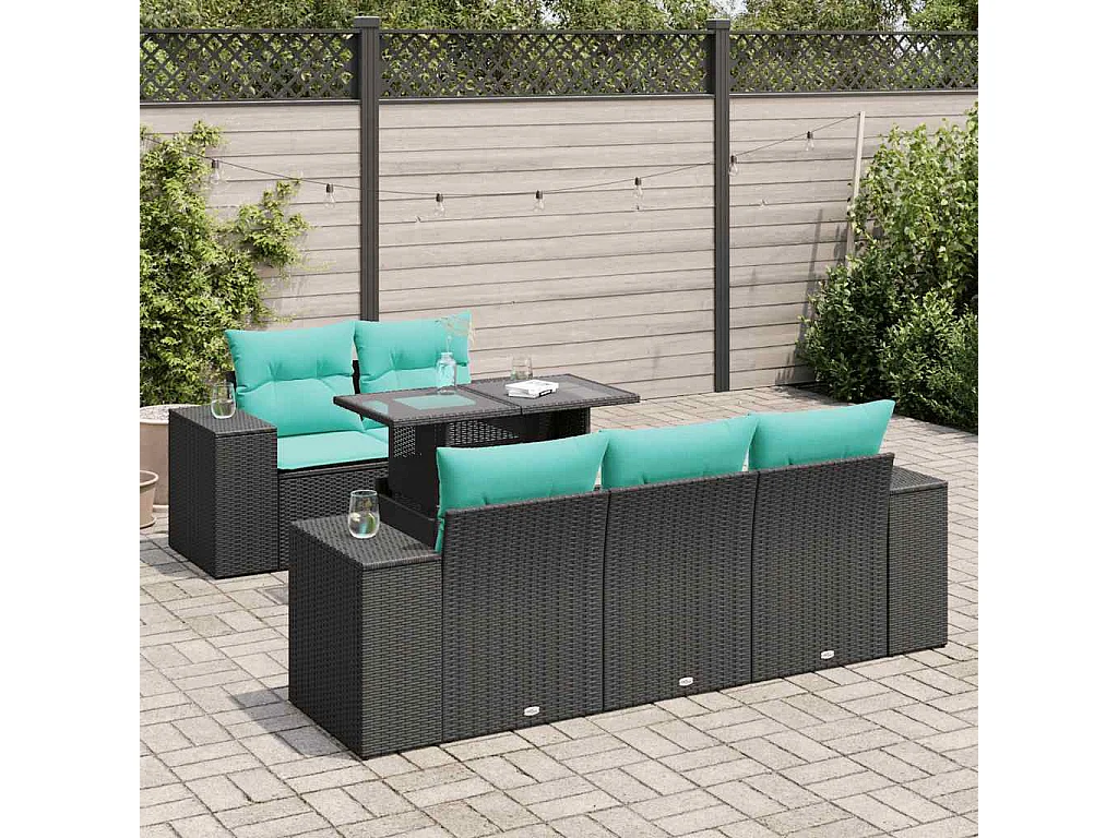 Set sofás jardín y cojines 6 piezas ratán sintético acacia negro