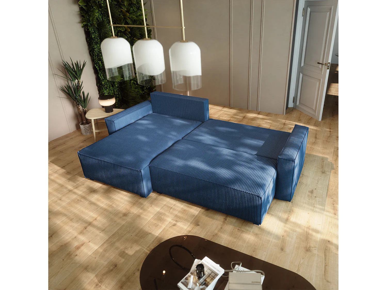Hoekbank BESMIR van fluweel met slaapfunctie Blau