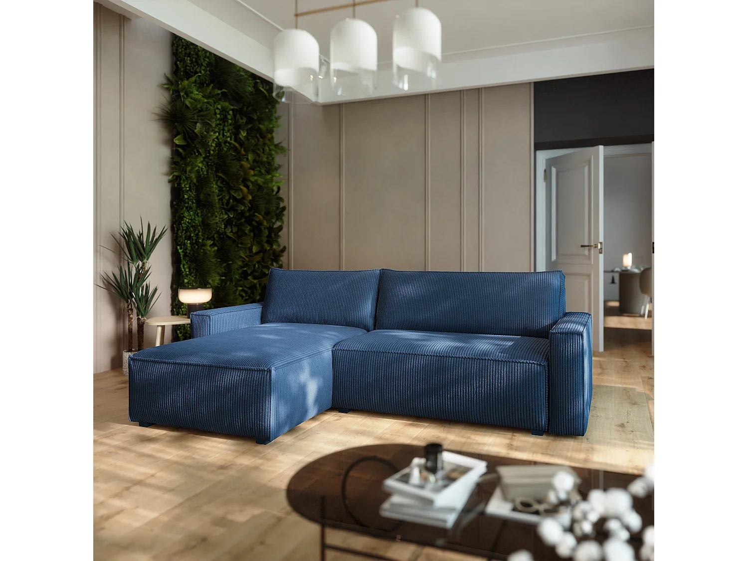 Canapé d'angle BESMIR Bleu en velours côtelé avec fonction de couchage