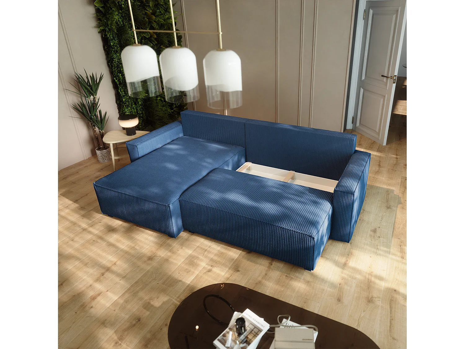 Canapé d'angle BESMIR Bleu en velours côtelé avec fonction de couchage