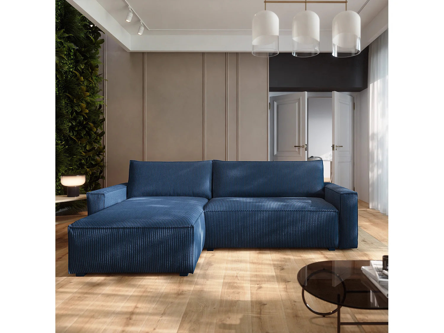 Canapé d'angle BESMIR Bleu en velours côtelé avec fonction de couchage