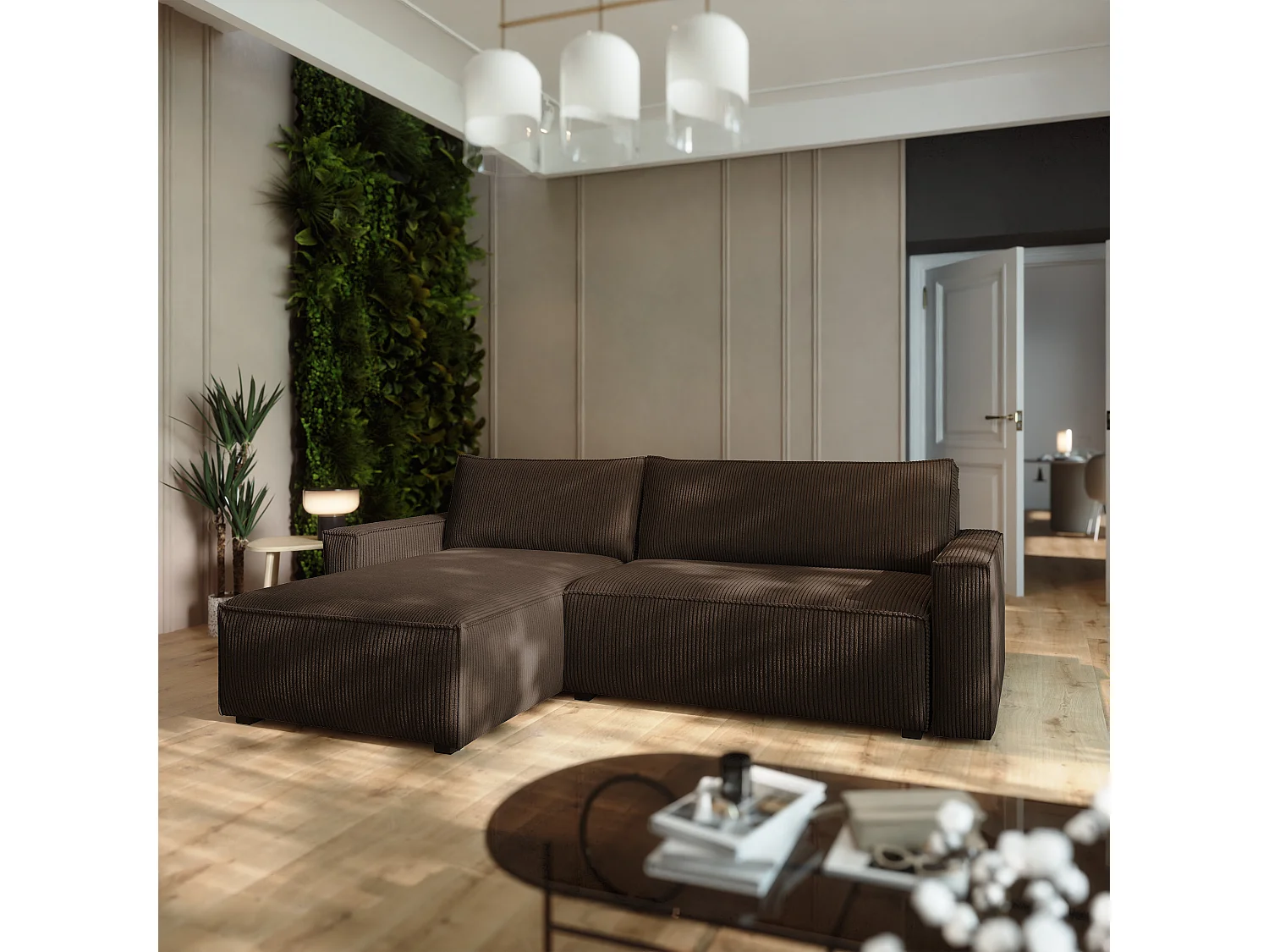 Canapé d'angle BESMIR Marron en velours côtelé avec fonction de couchage