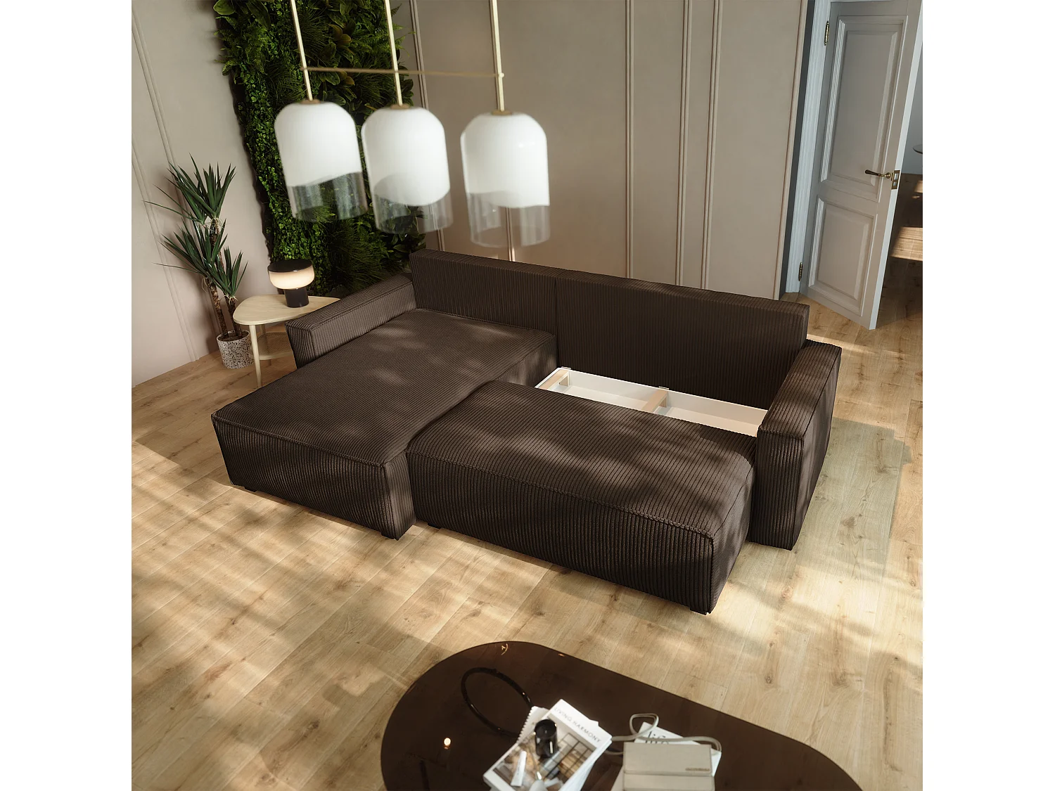 Canapé d'angle BESMIR Marron en velours côtelé avec fonction de couchage