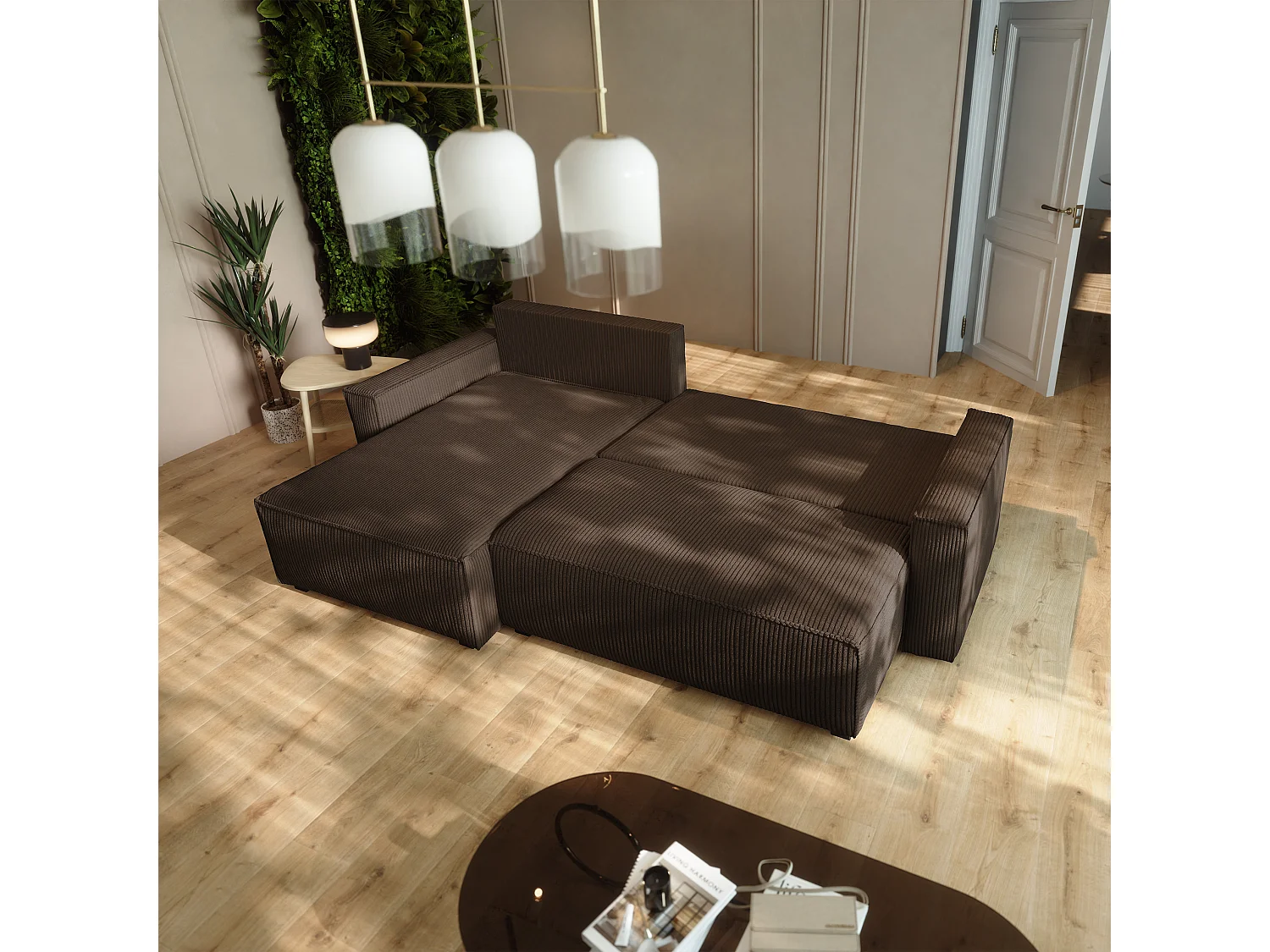 Canapé d'angle BESMIR Marron en velours côtelé avec fonction de couchage