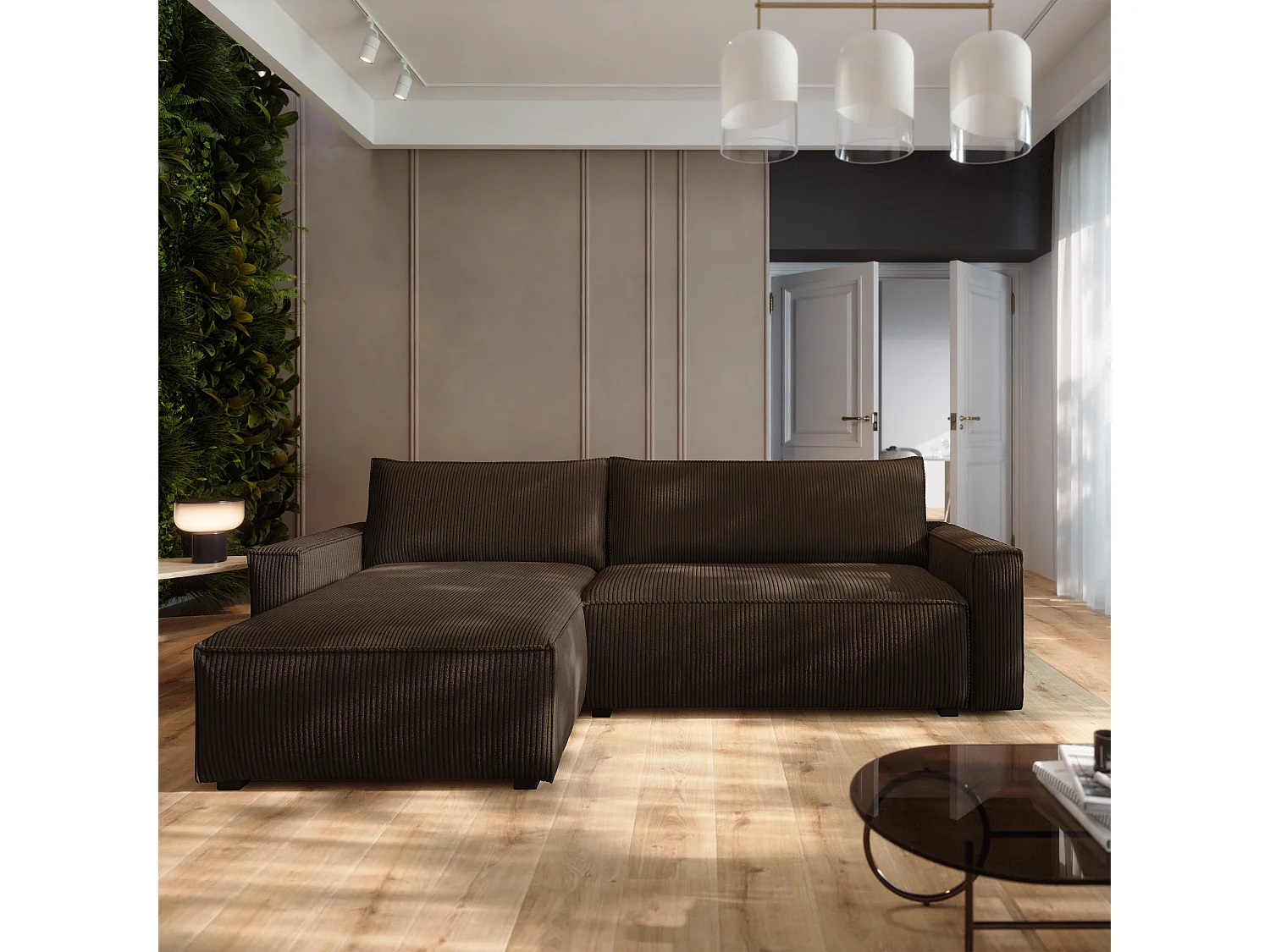 Canapé d'angle BESMIR Marron en velours côtelé avec fonction de couchage