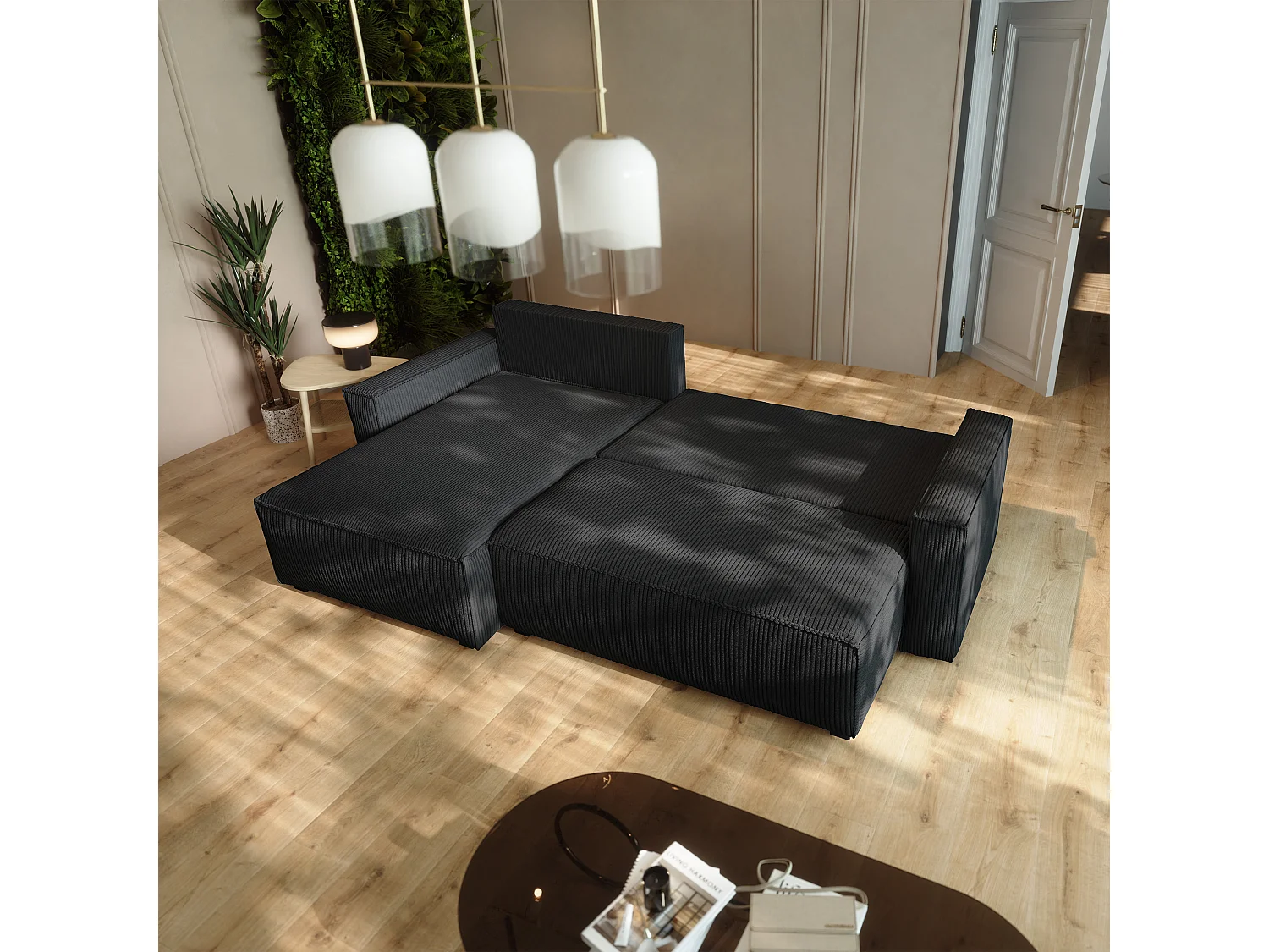 Hoekbank BESMIR van fluweel met slaapfunctie Schwarz