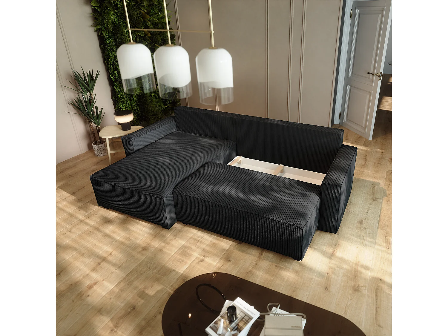 Canapé d'angle BESMIR Noir en velours côtelé avec fonction de couchage