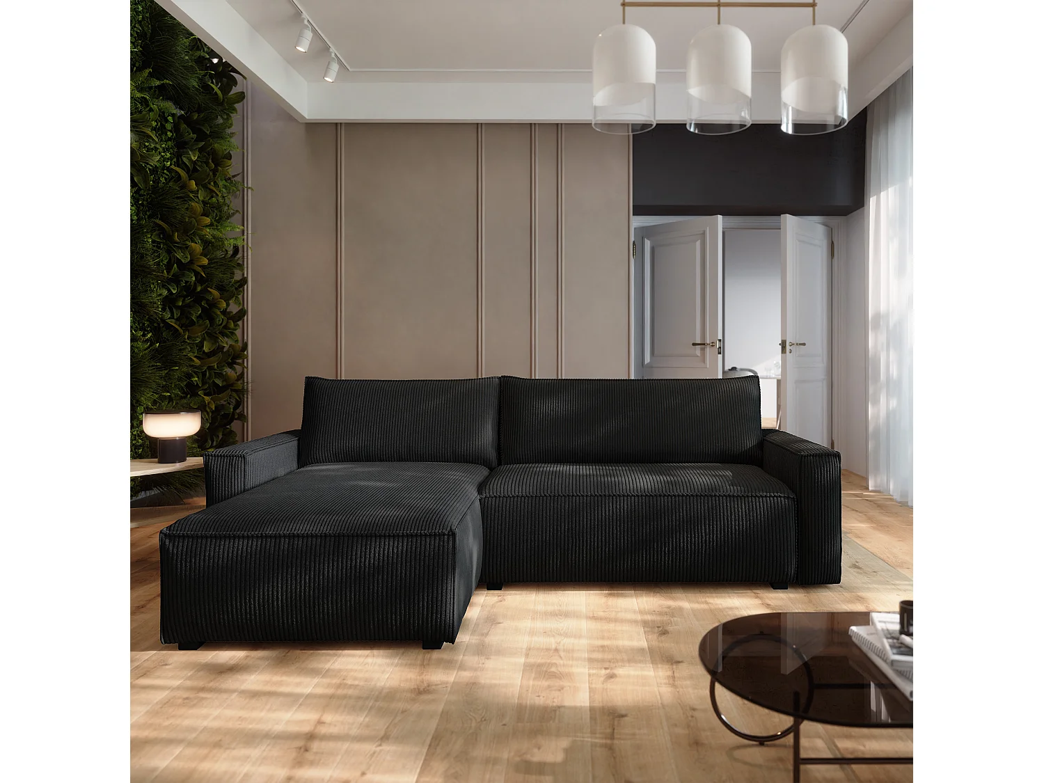 Canapé d'angle BESMIR Noir en velours côtelé avec fonction de couchage