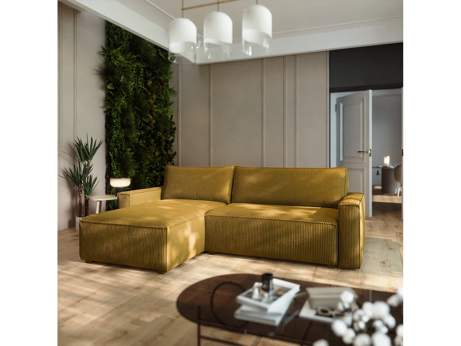 Canapé d'angle BESMIR Jaune en velours côtelé avec fonction de couchage