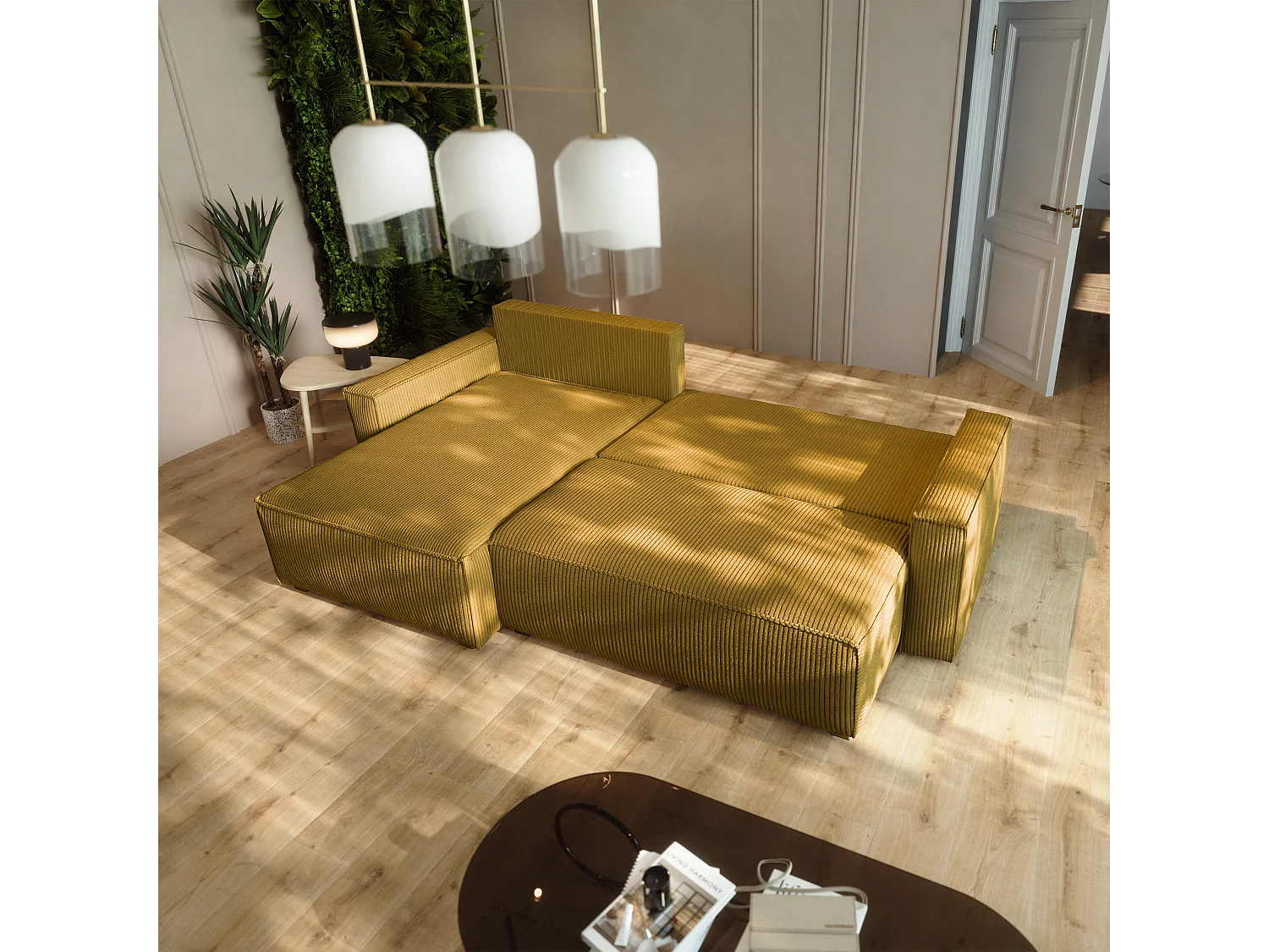 Canapé d'angle BESMIR Jaune en velours côtelé avec fonction de couchage