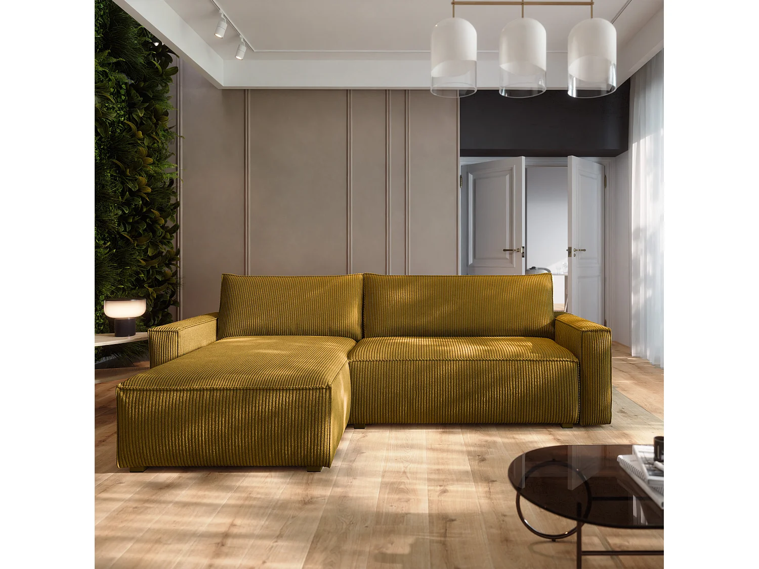 Canapé d'angle BESMIR Jaune en velours côtelé avec fonction de couchage