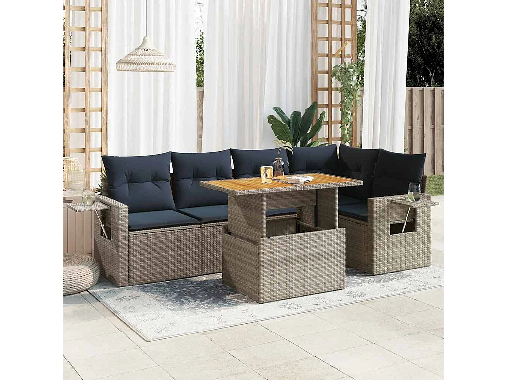 Set de muebles de jardín 6 piezas y cojines ratán sintético gris