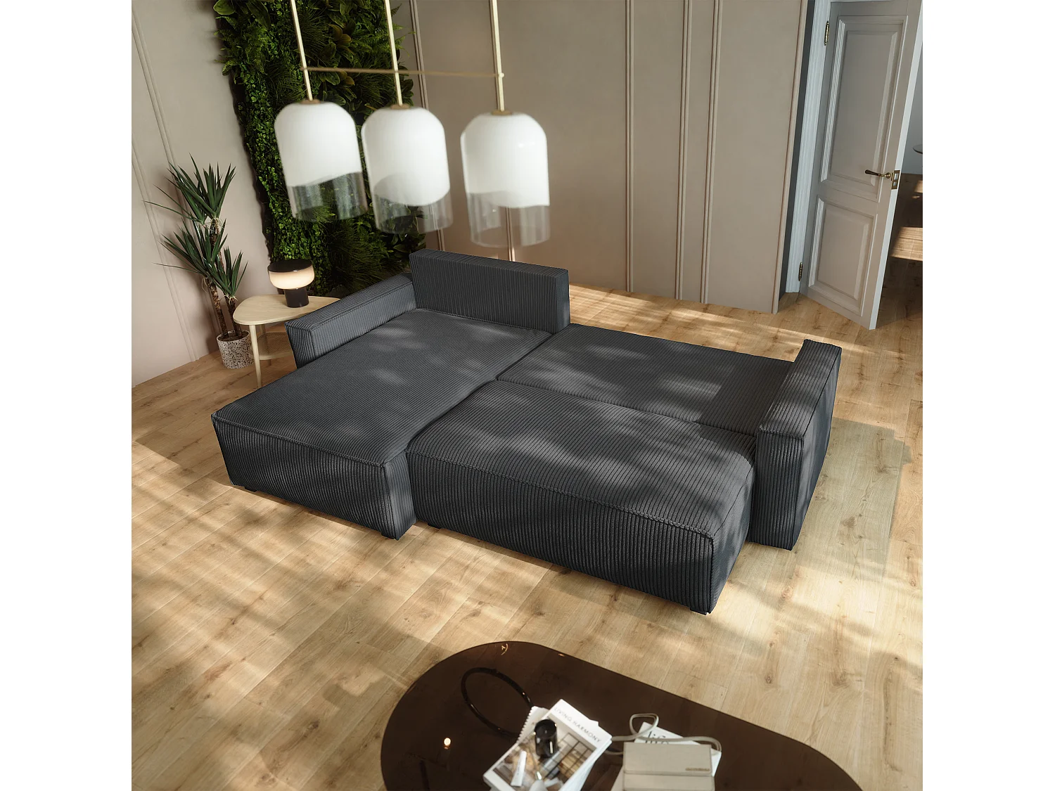 Hoekbank BESMIR van fluweel met slaapfunctie Grau