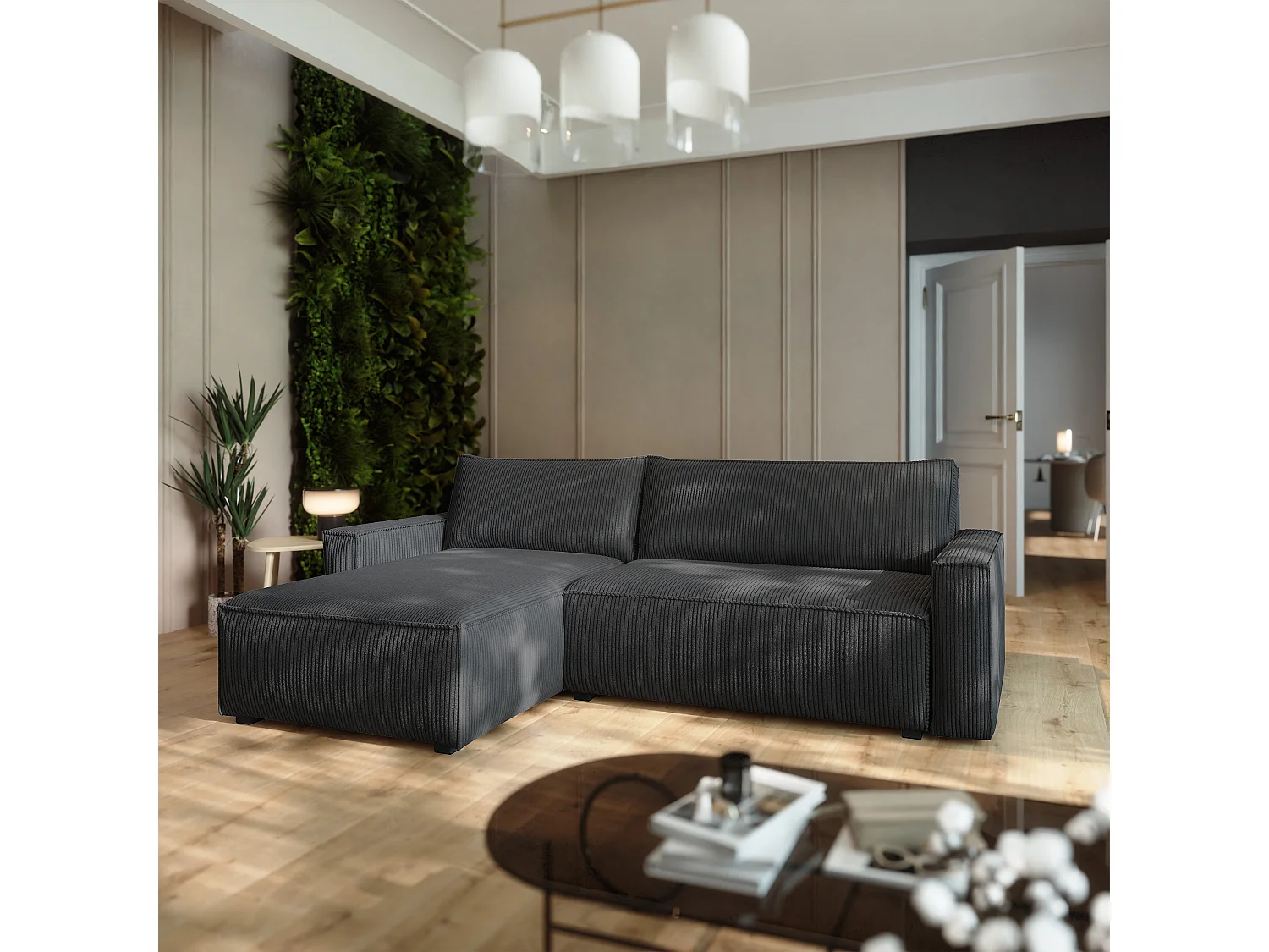 Canapé d'angle BESMIR Gris en velours côtelé avec fonction de couchage