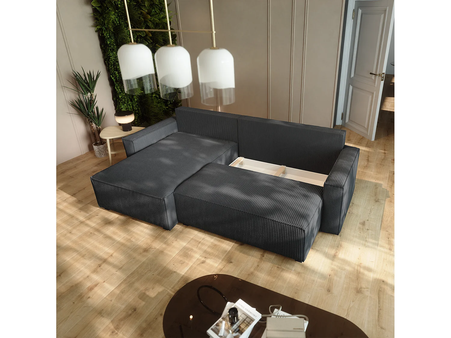 Canapé d'angle BESMIR Gris en velours côtelé avec fonction de couchage