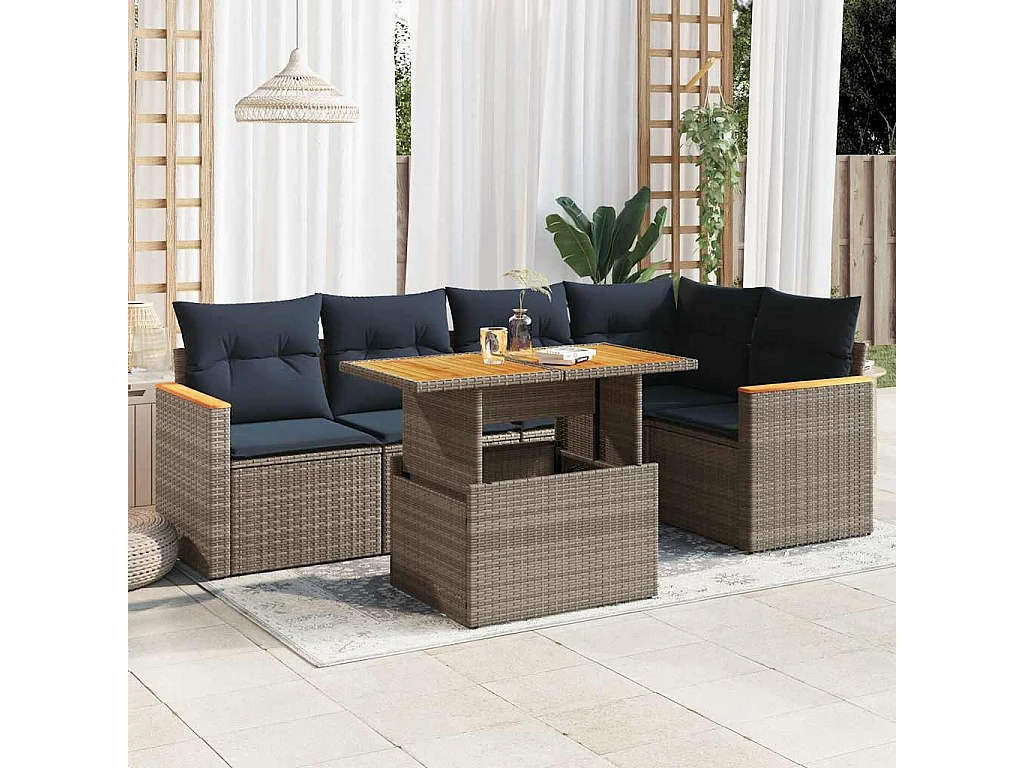 Set de muebles de jardín 6 piezas y cojines ratán sintético gris
