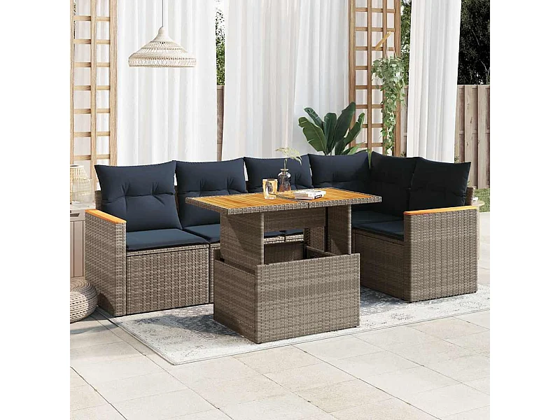 Set de muebles de jardín 6 piezas y cojines ratán sintético gris