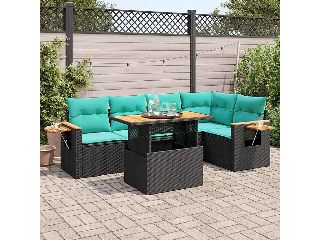 Set sofás jardín y cojines 6 piezas ratán sintético acacia negro