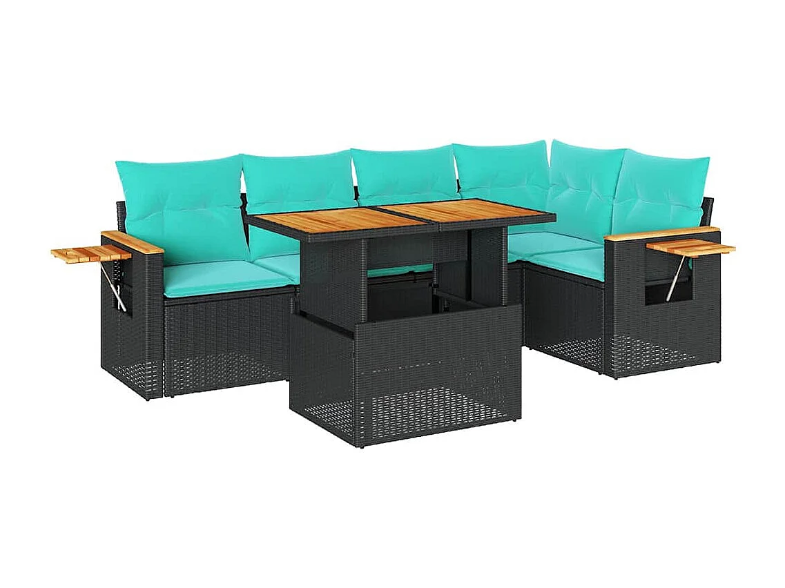 Set sofás jardín y cojines 6 piezas ratán sintético acacia negro