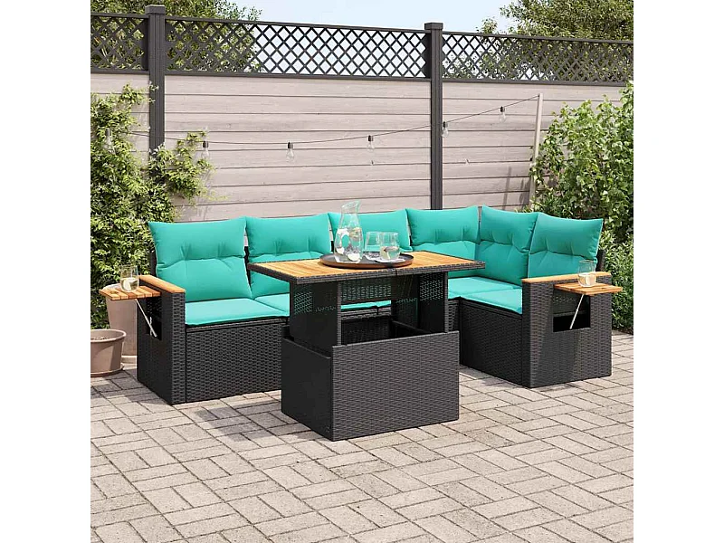 Set sofás jardín y cojines 6 piezas ratán sintético acacia negro