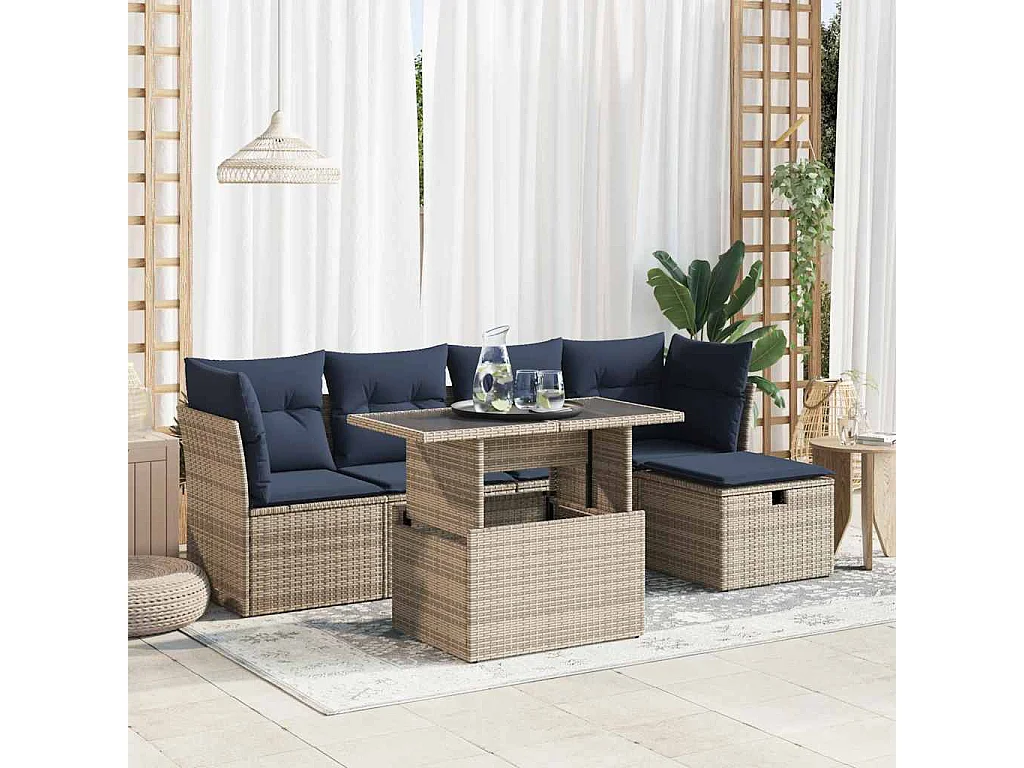 Set sofás jardín y cojines 6 piezas ratán sintético acacia gris