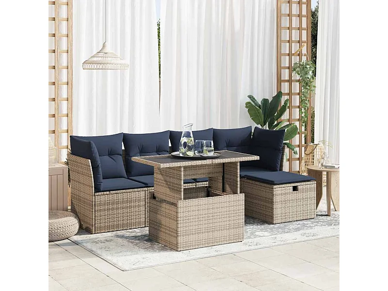 Set sofás jardín y cojines 6 piezas ratán sintético acacia gris