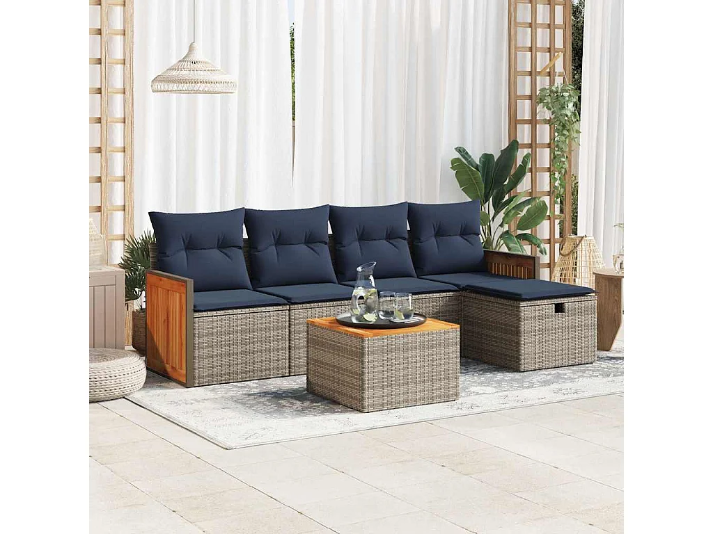 Set de muebles de jardín 6 piezas y cojines ratán sintético gris