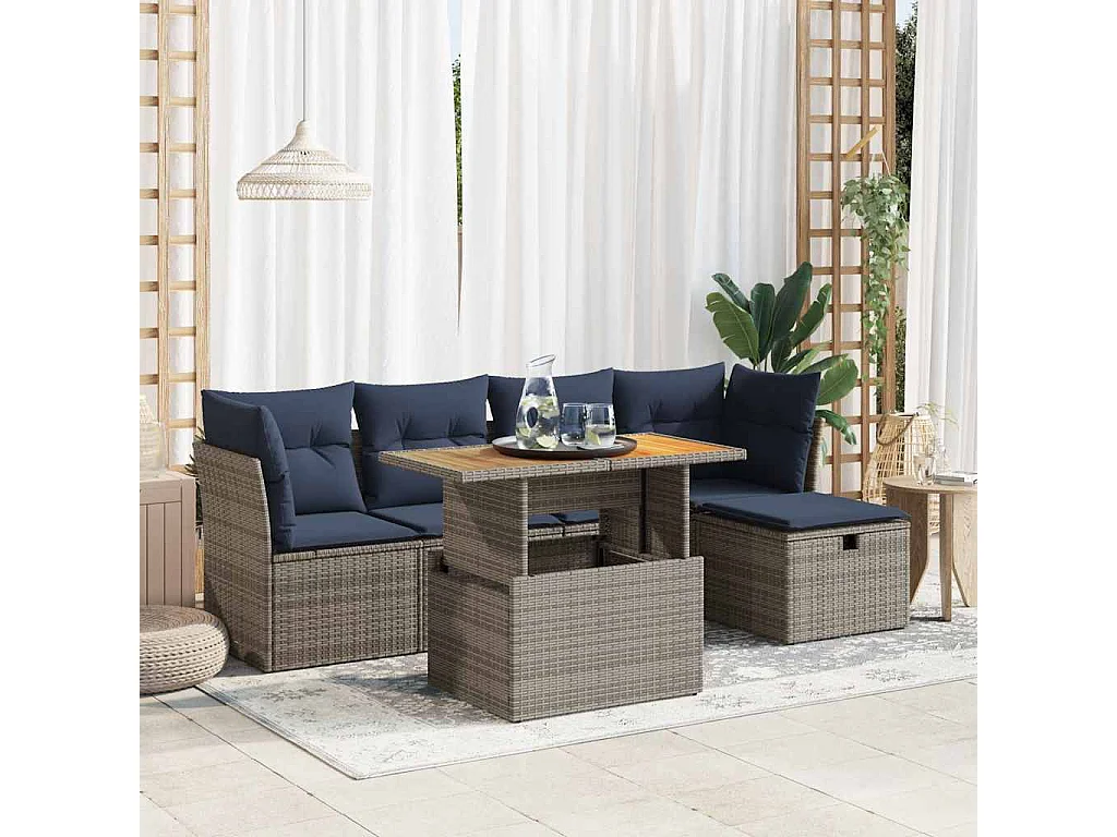 Set sofás jardín y cojines 6 piezas ratán sintético acacia gris