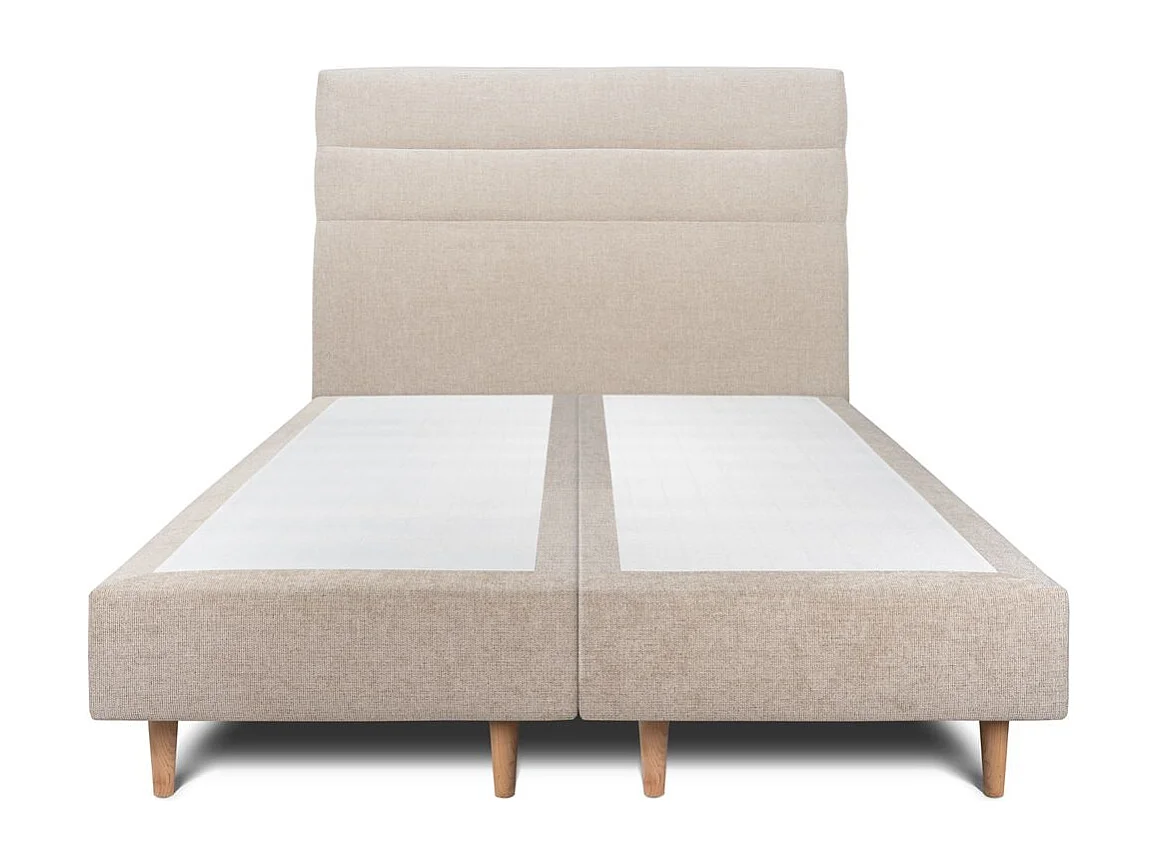 Lit 200x200cm avec tête de lit lignes tissu et double sommier tapissier beige brun - Hauteur totale : 35cm