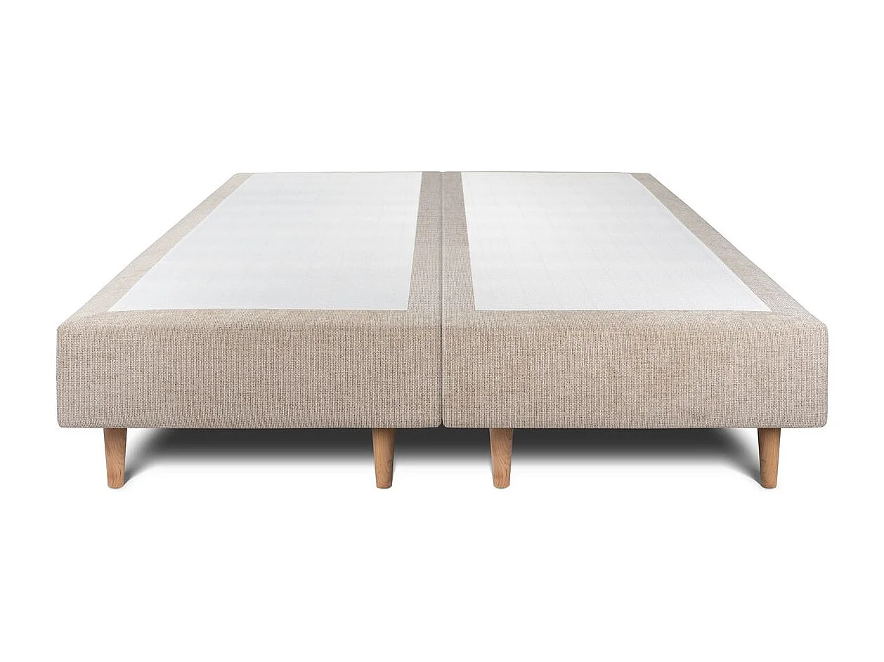 Lit 200x200cm avec tête de lit lignes tissu et double sommier tapissier beige brun - Hauteur totale : 35cm