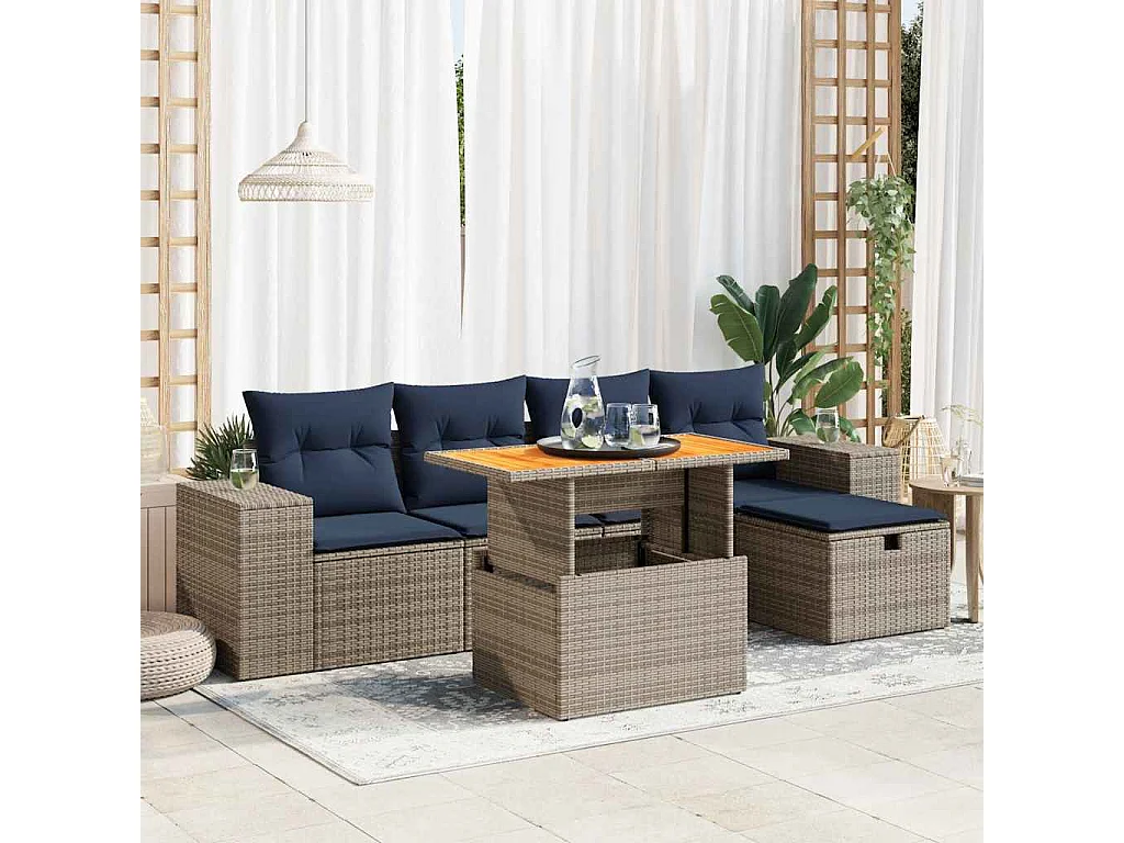 Set sofás jardín y cojines 6 piezas ratán sintético acacia negro