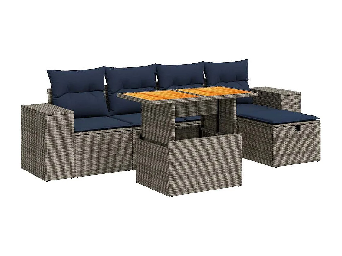 Set sofás jardín y cojines 6 piezas ratán sintético acacia negro