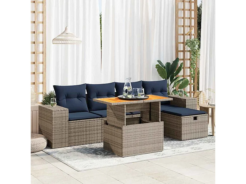 Set sofás jardín y cojines 6 piezas ratán sintético acacia negro