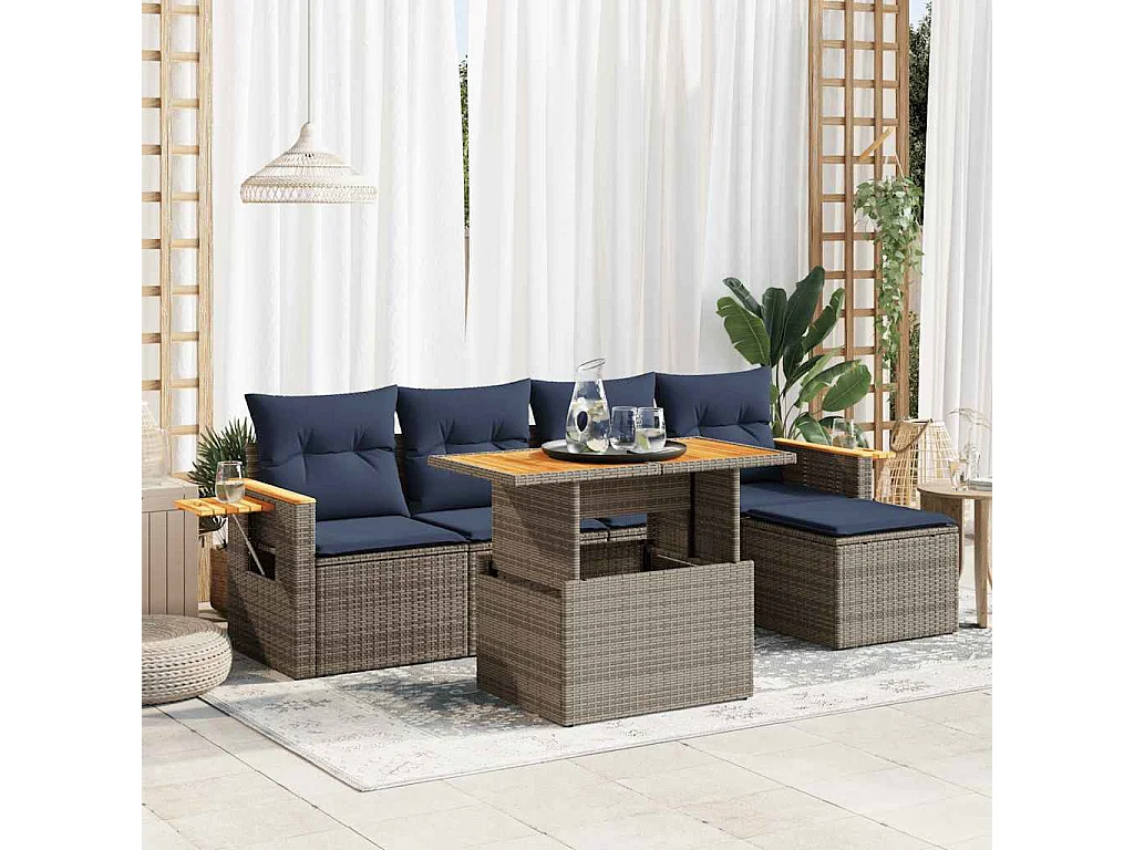 Set sofás jardín y cojines 6 piezas ratán sintético acacia gris