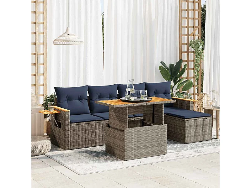 Set sofás jardín y cojines 6 piezas ratán sintético acacia gris