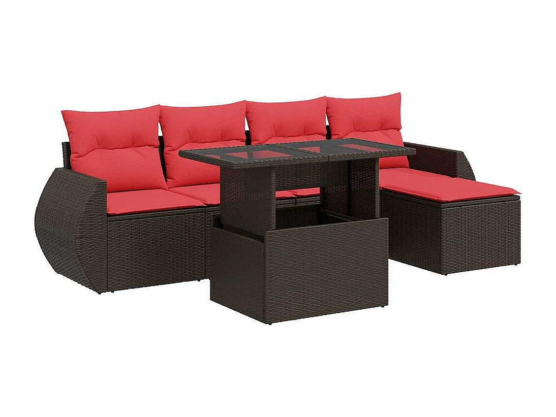 Salon de jardin avec coussins 6pièces marron résine tressée acacia