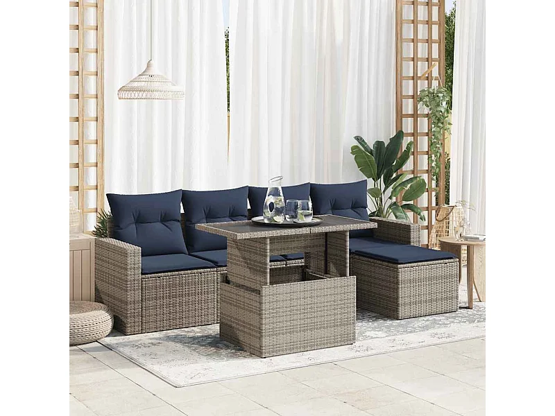 Set sofás jardín y cojines 6 piezas ratán sintético acacia gris