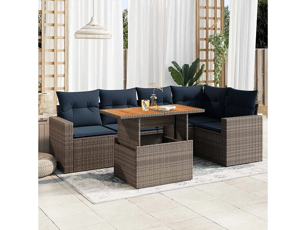 Set de muebles de jardín 6 piezas y cojines ratán sintético gris