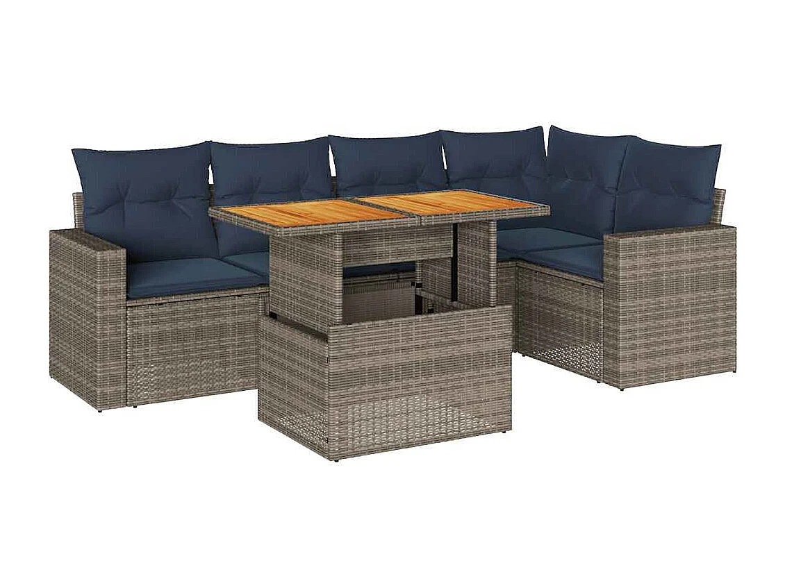 Set de muebles de jardín 6 piezas y cojines ratán sintético gris
