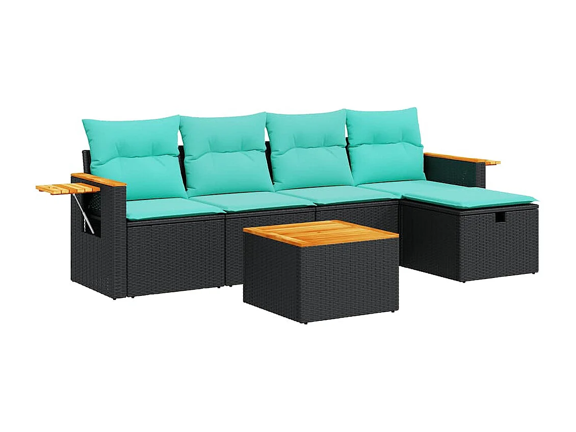 Set de sofás de jardín 6 piezas y cojines ratán sintético negro