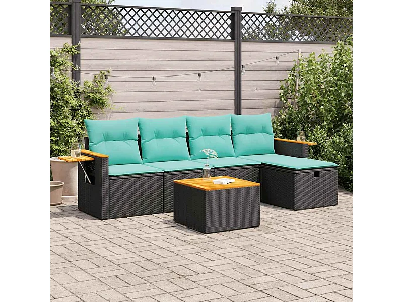 Set de sofás de jardín 6 piezas y cojines ratán sintético negro