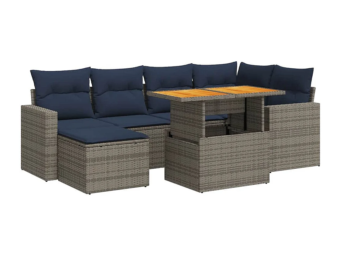 Set de sofás de jardín 7 piezas con cojines ratán sintético gris