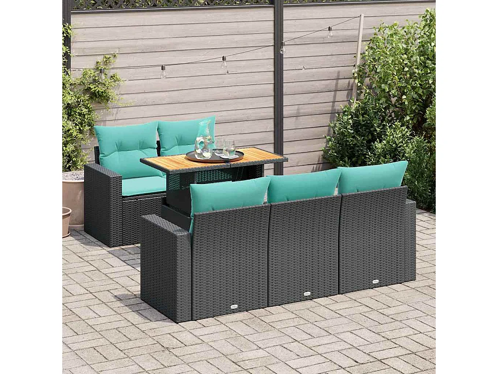 Set de sofás de jardín 6 piezas y cojines ratán sintético negro