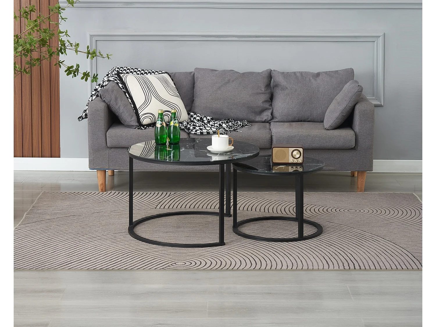 EleganceEssentials Table basse – Lot de 2 – Ø70 & Ø50 cm – Table basse noire – Table basse ronde – Finition effet marbre noir – Design moderne