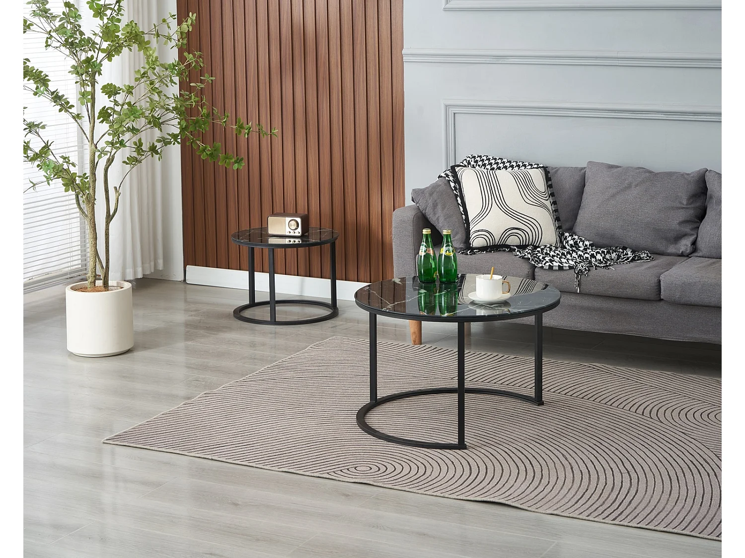 EleganceEssentials Table basse – Lot de 2 – Ø70 & Ø50 cm – Table basse noire – Table basse ronde – Finition effet marbre noir – Design moderne