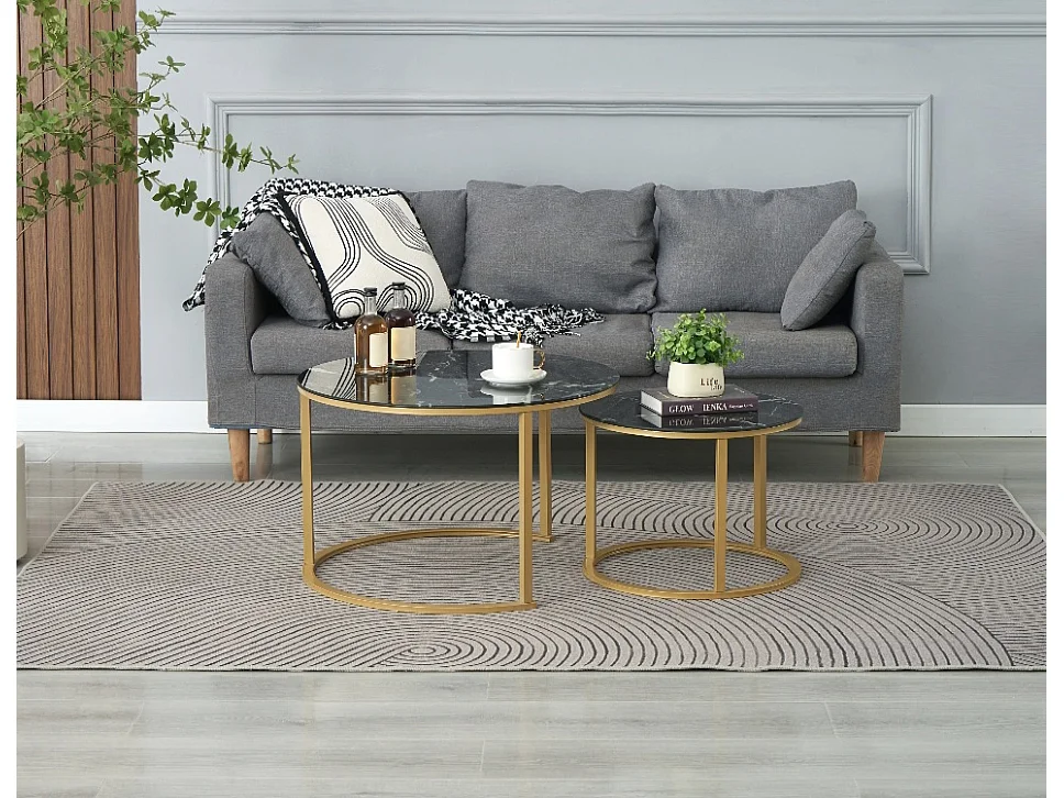 EleganceEssentials – Tables basses rondes – Set de 2 – Table basse ronde – Ø70 & Ø50 cm – Verre trempé effet marbre noir – Pieds dorés mats – Table d’appoint – Tabl