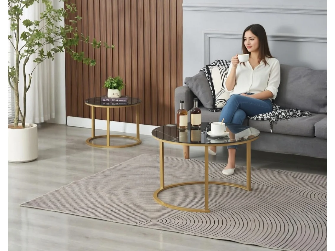 EleganceEssentials – Tables basses rondes – Set de 2 – Table basse ronde – Ø70 & Ø50 cm – Verre trempé effet marbre noir – Pieds dorés mats – Table d’appoint – Tabl