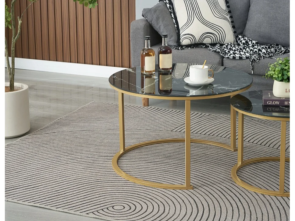 EleganceEssentials – Tables basses rondes – Set de 2 – Table basse ronde – Ø70 & Ø50 cm – Verre trempé effet marbre noir – Pieds dorés mats – Table d’appoint – Tabl